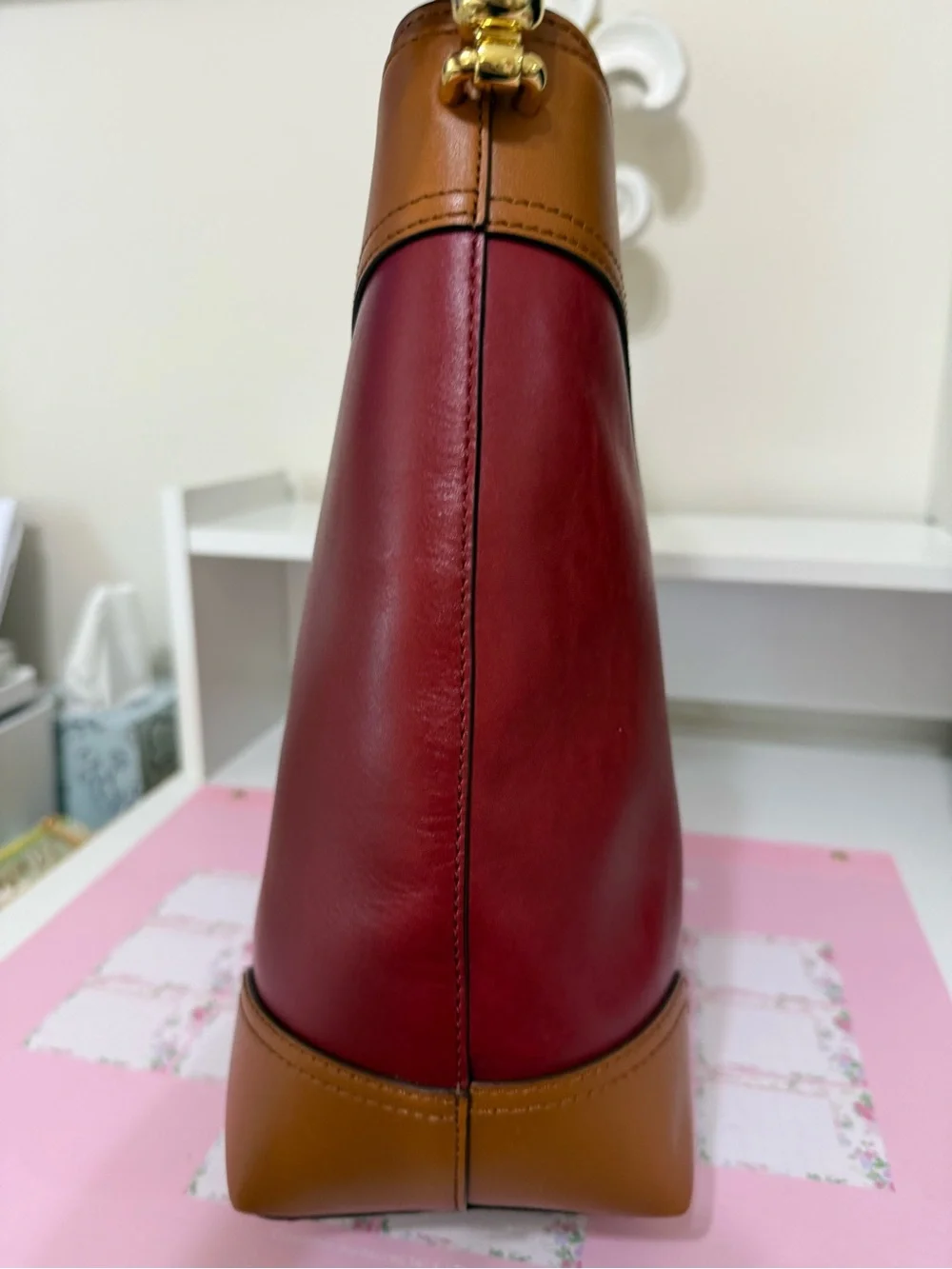 Ralph Lauren Two-Tone Burgundy and Tan Leather Shoulder Bag
